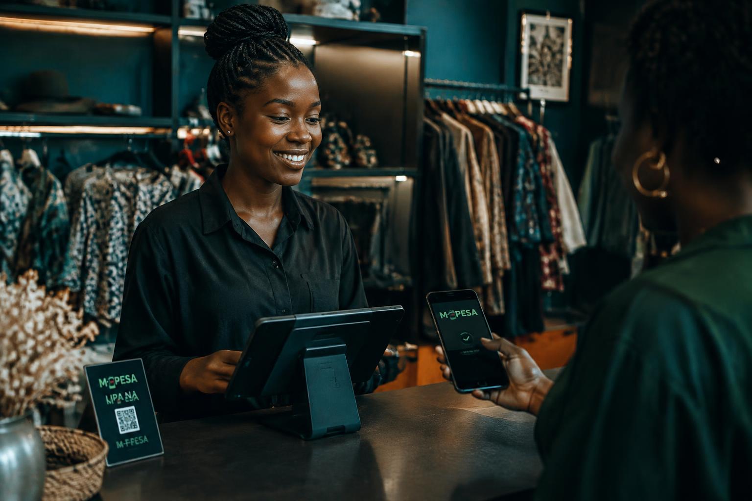 A cashier serving a customer paying by M-PESA at a tablet till